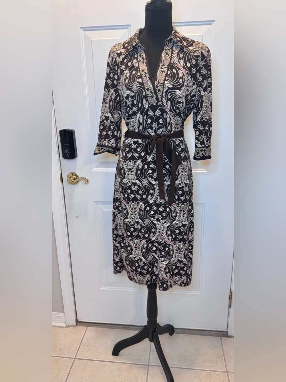 Brown and Cream Printed Wrap Dress with Belt